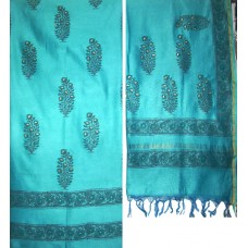 Chanderi Silk Block Print Fabric & Dupatta Turquoise Set
